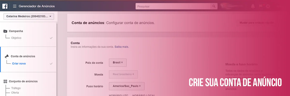 Criando a conte de anúncios no Facebook