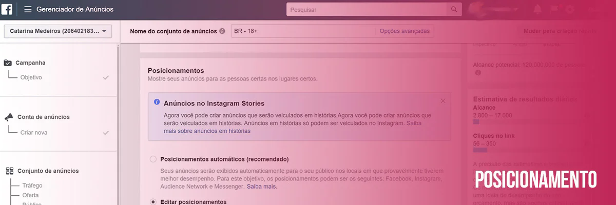 Posicionamento anúncio facebook